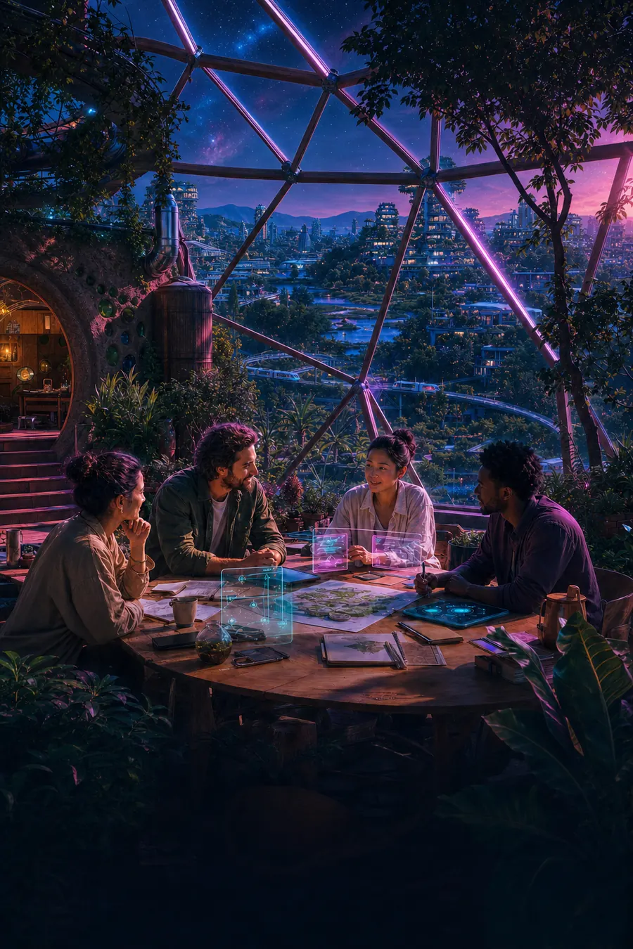 Team in einem neonbeleuchteten Earthship-Co-Working-Space mit Blick auf eine renaturierte Stadt