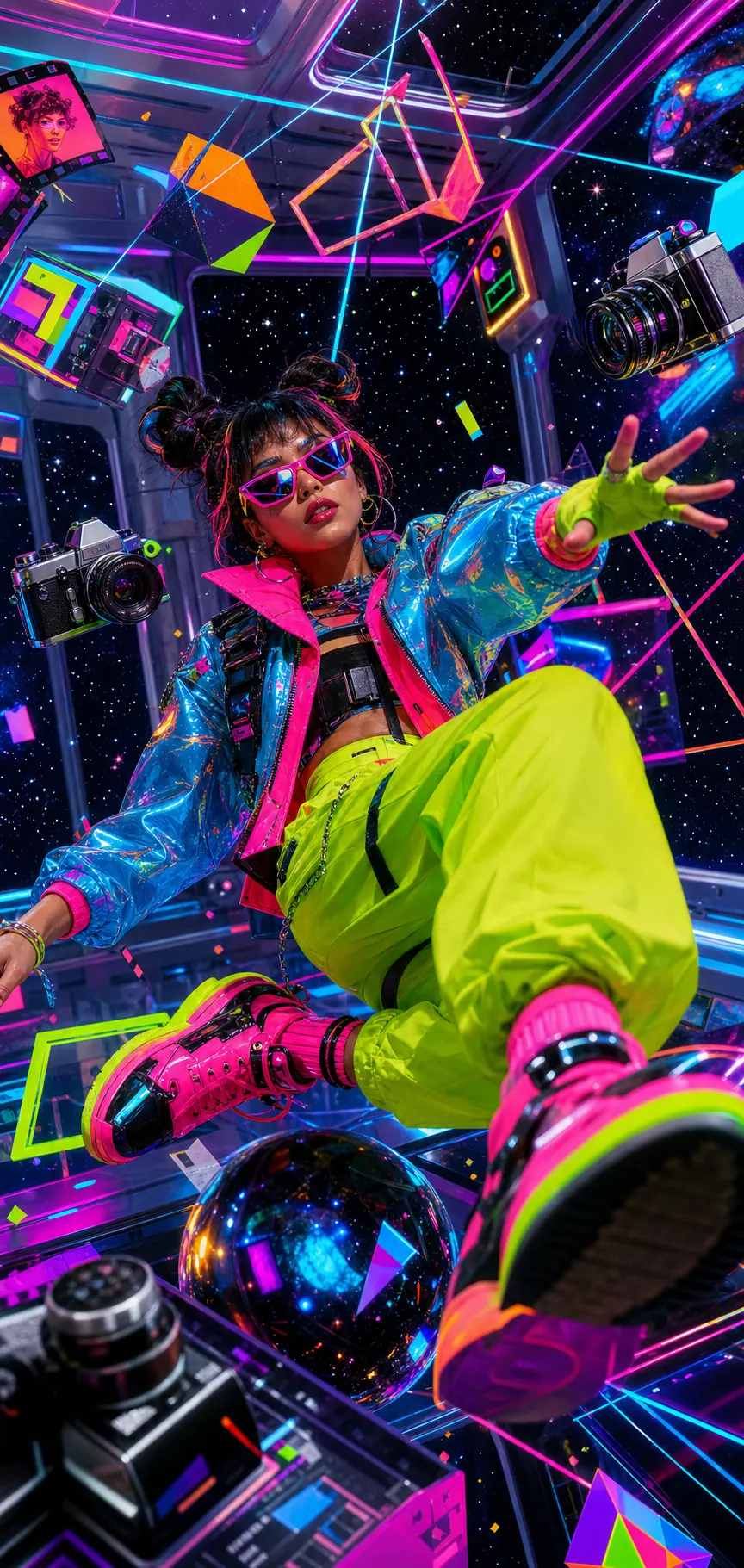 Aufsehenerregende Content-Creation-Szene im Neon-Cyberpunk-Stil