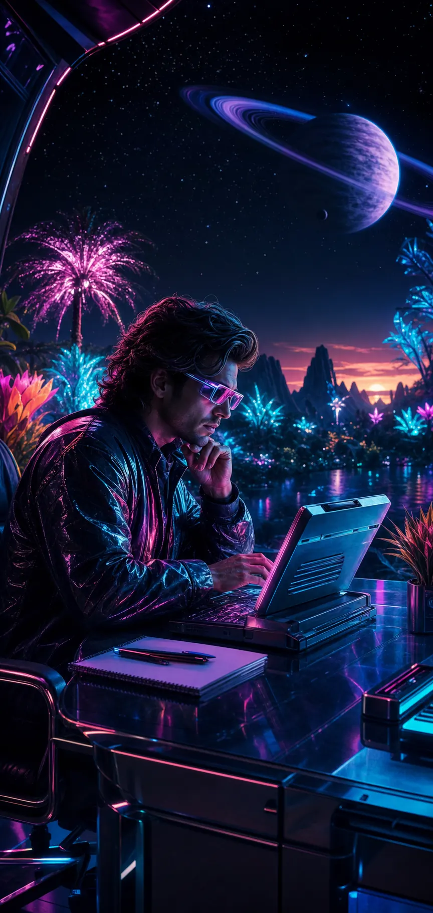 Copywriter in einer neonbeleuchteten Future-Space-Naturwelt