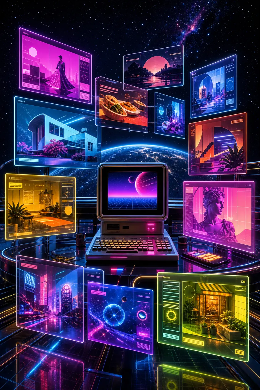 Vielfältige Websites in einem bunten 80er-Future-Space-Studio